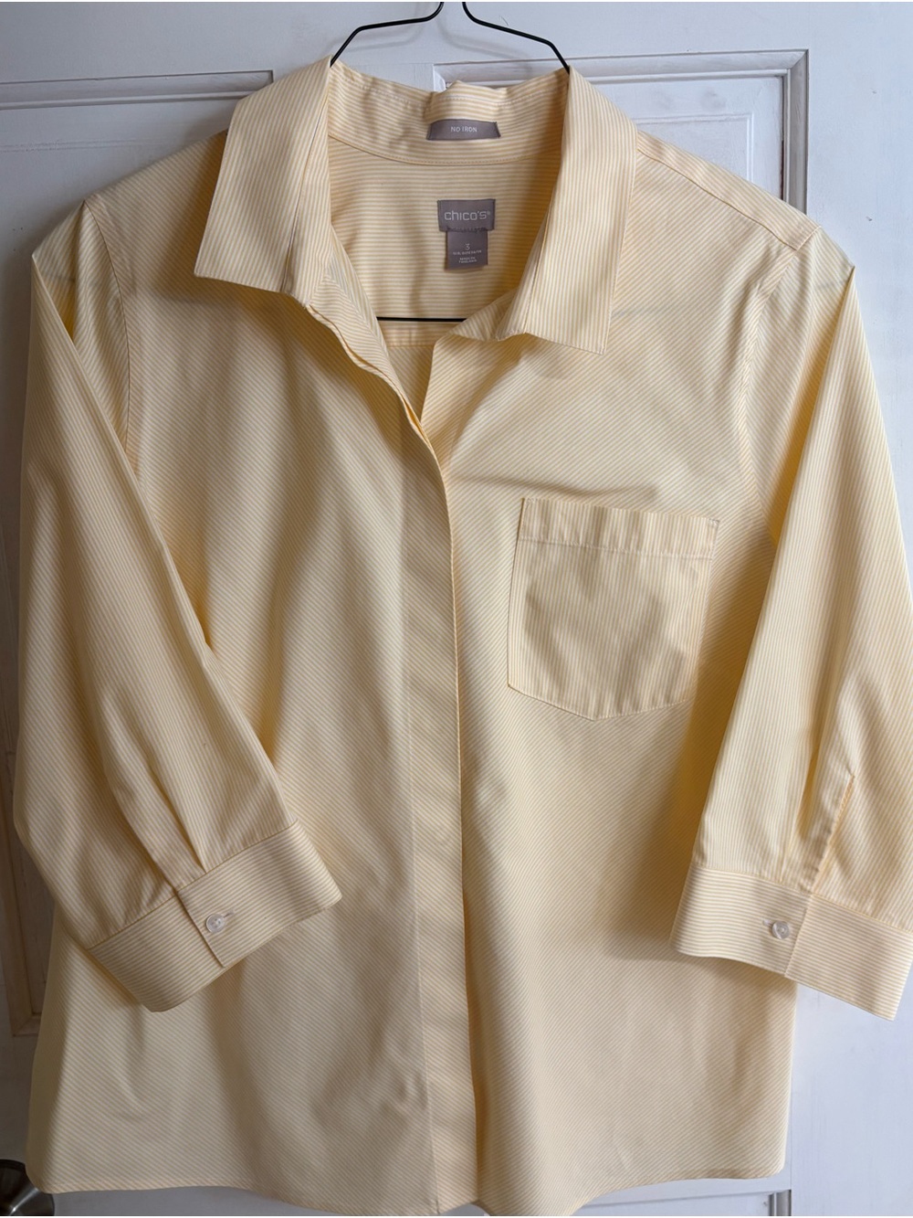Chico's Women's size 3 Yellow & White Striped Button-Down Shirt